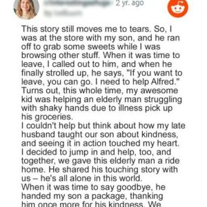 Boy Helps Old Man with Shaking Hands Pick up Groceries from Floor, Man Gives Him Tiny Parcel