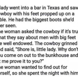 A lady went into a bar in Texas and saw a cowboy with his feet propped up on a table