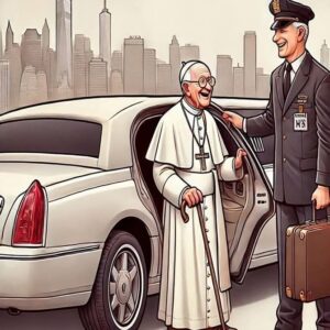 An elderly Pope arrives in New York and is picked up at the airport by a limousine An elderly Pope arrives in New York and is picked up at the airport by a limousine